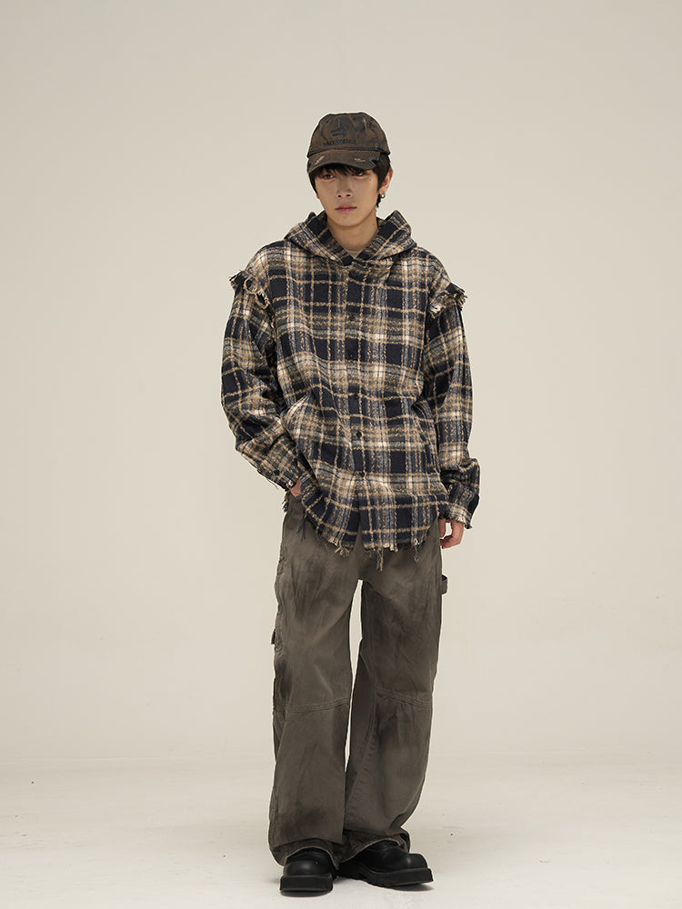 LY No. 1138 Distressed Plaid Hoodie Shirt