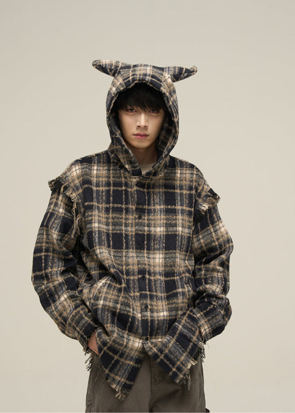 LY No. 1138 Distressed Plaid Hoodie Shirt