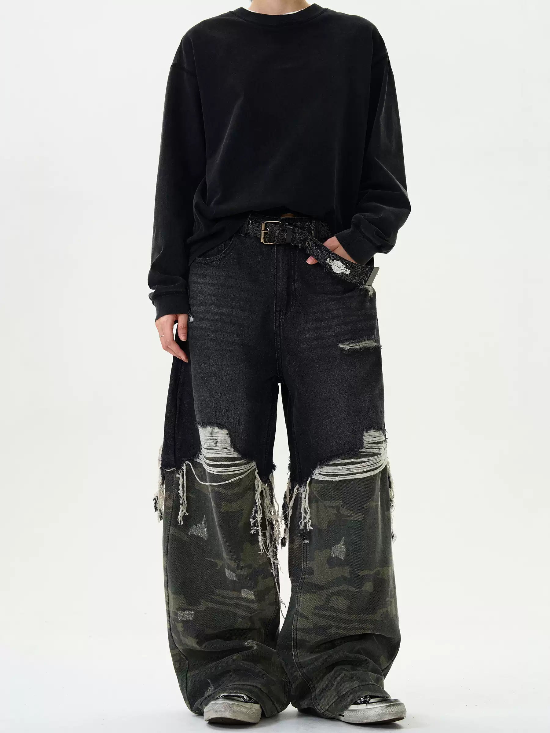 LY No. 2110 Patchwork Distressed Camo Pants