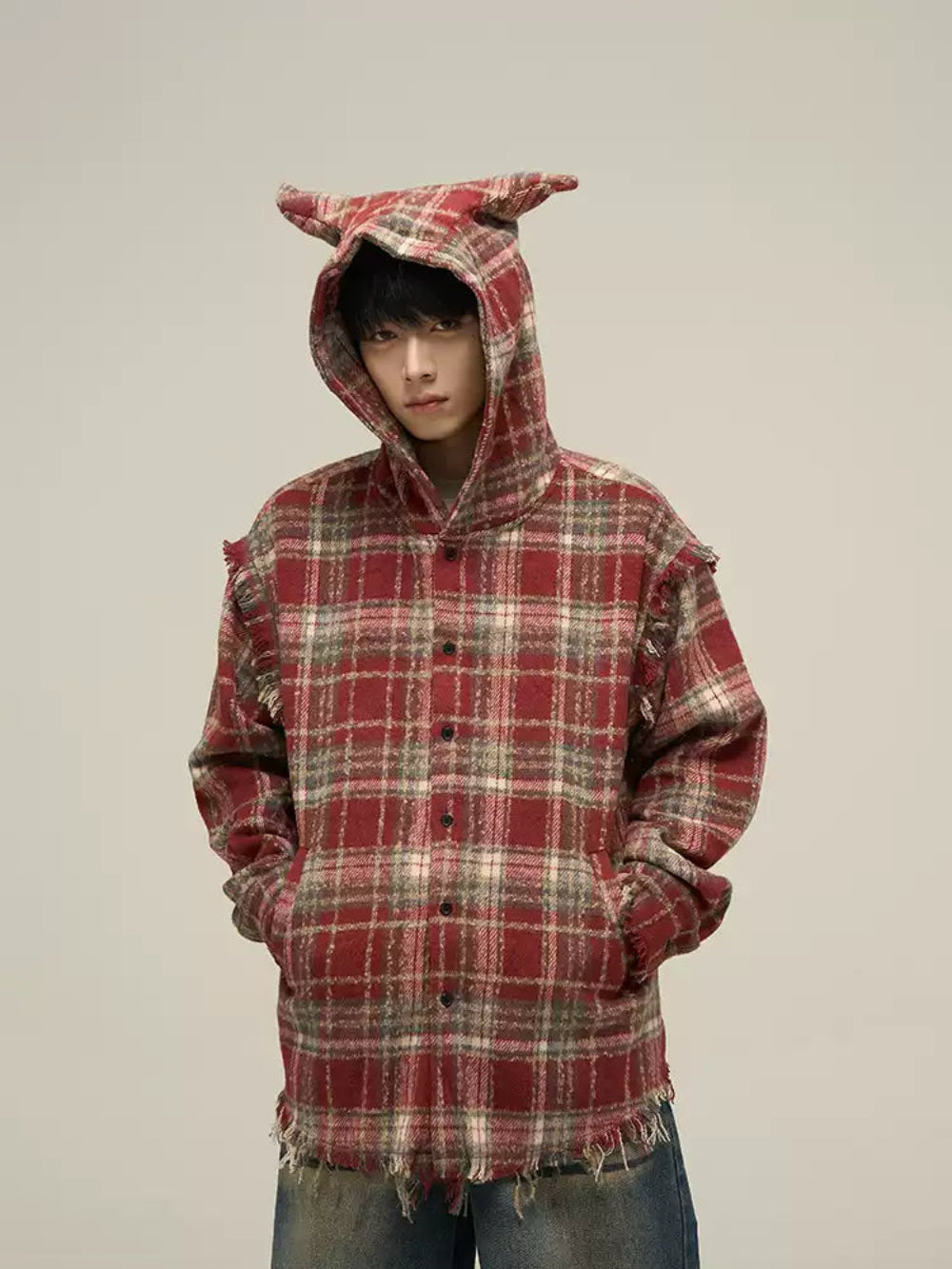 LY No. 1138 Distressed Plaid Hoodie Shirt