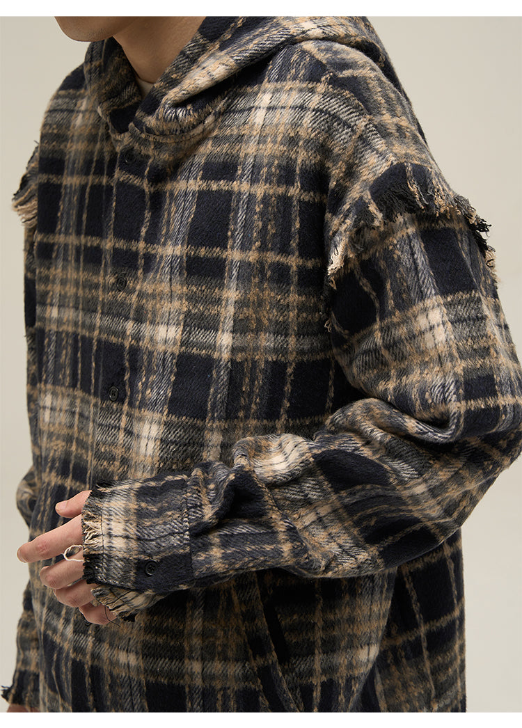 LY No. 1138 Distressed Plaid Hoodie Shirt