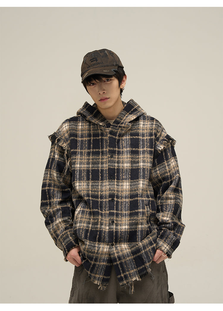 LY No. 1138 Distressed Plaid Hoodie Shirt