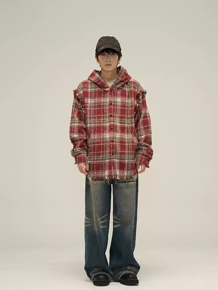 LY No. 1138 Distressed Plaid Hoodie Shirt